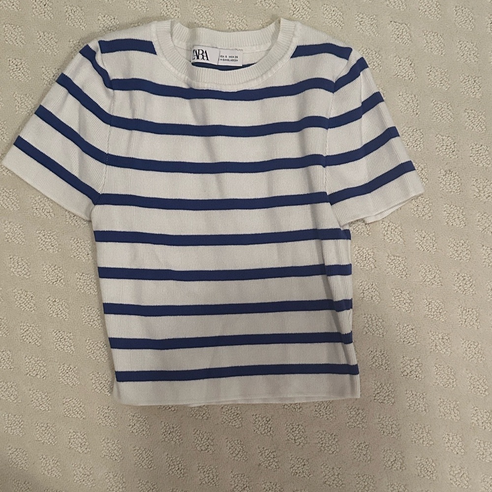Zara Navy and White Striped Crop Top